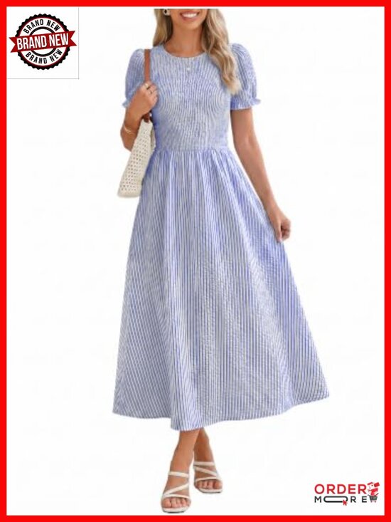 Dresses & Skirts - Smocked Puff Sleeve High Waist Midi Dress with Pockets